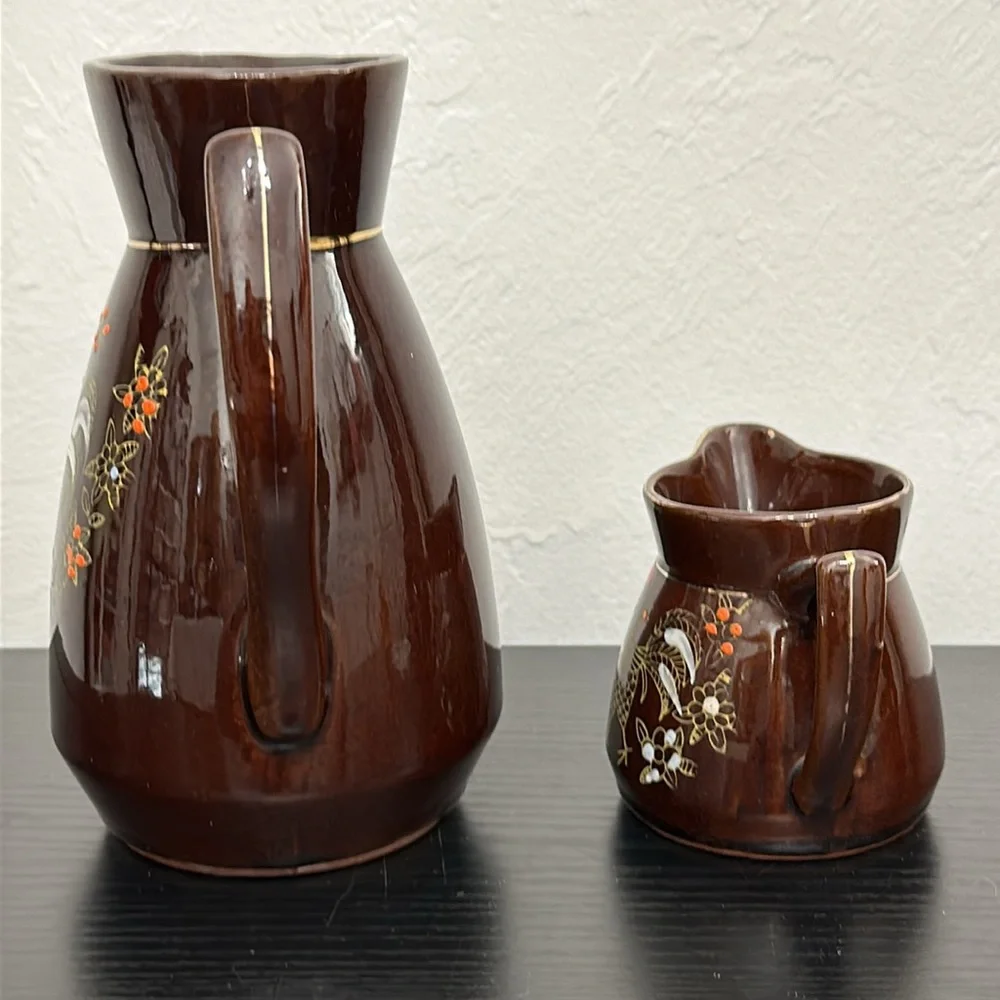 Rooster Redware Moriage Pottery Milk Pitcher & Creamer Set Japan